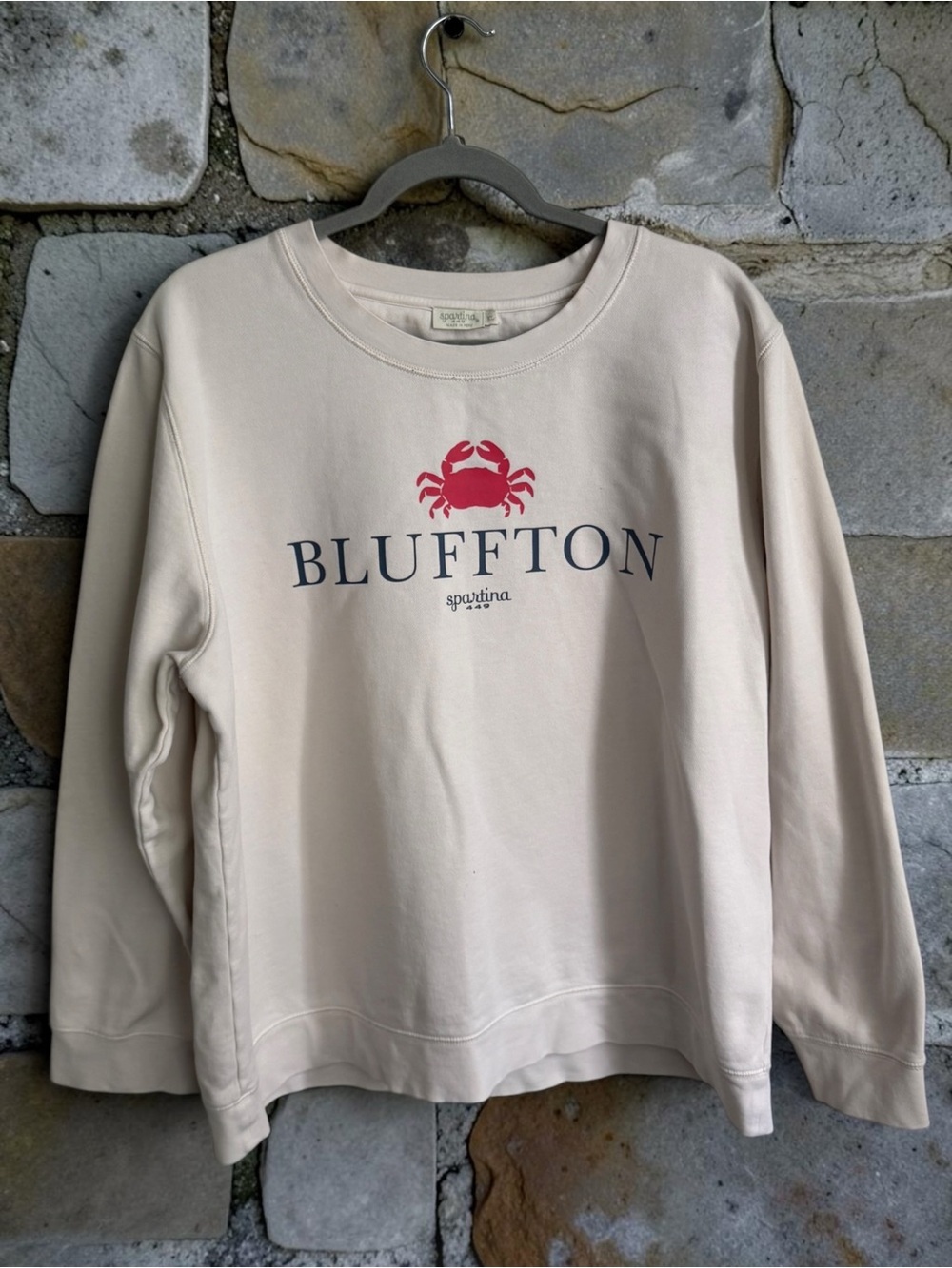 Spartina 449 Cream Crewneck with Red Crab and Navy Text